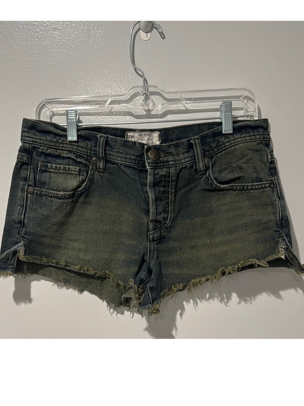 Free People Women's Denim Cutoff Shorts Distressed Black Wash Button Fly Sz 26